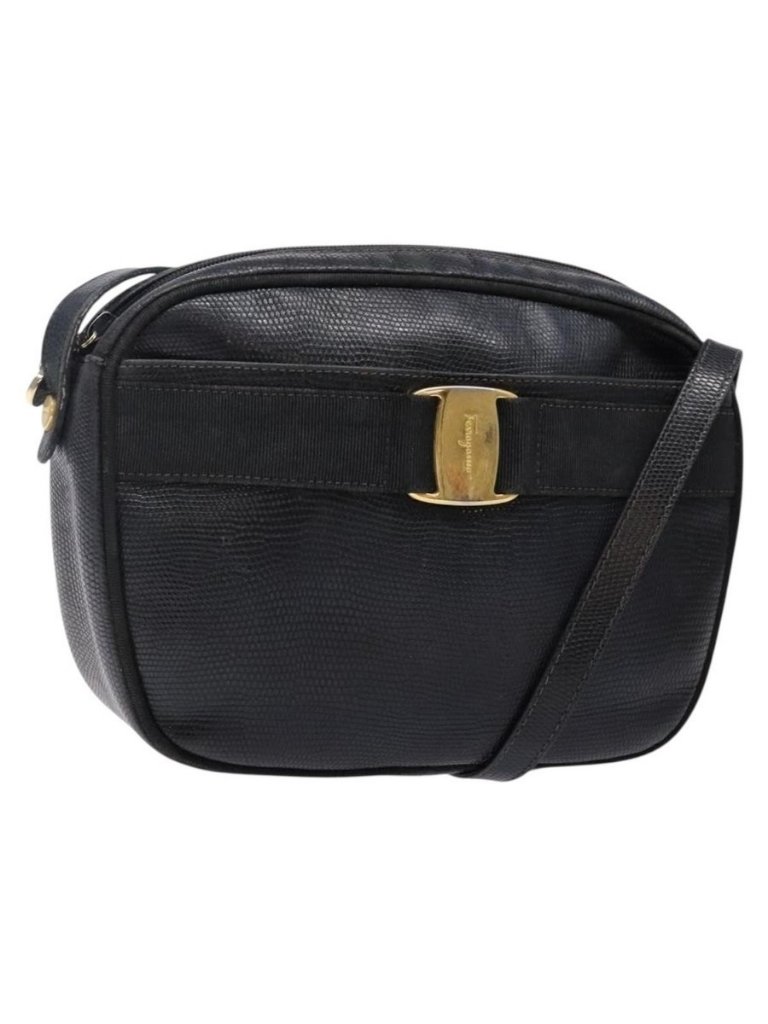 Authentic Salvatore Ferragamo Vala Shoulder Bag Leather Embossed Black Gold
